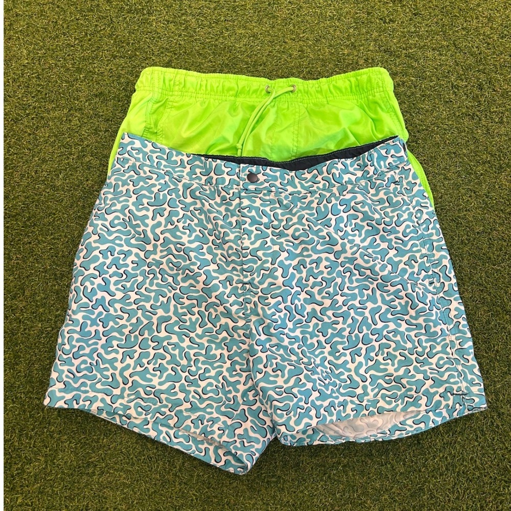 HM Mens Swim Trunks Bundle Size M Neon Lime Green and Blue Abstract Pattern 2pk